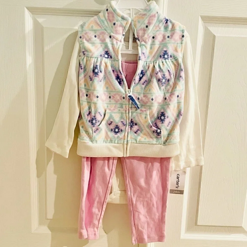 NWT - Baby Girl’s 3pc Full Zip Vest/Pant Set